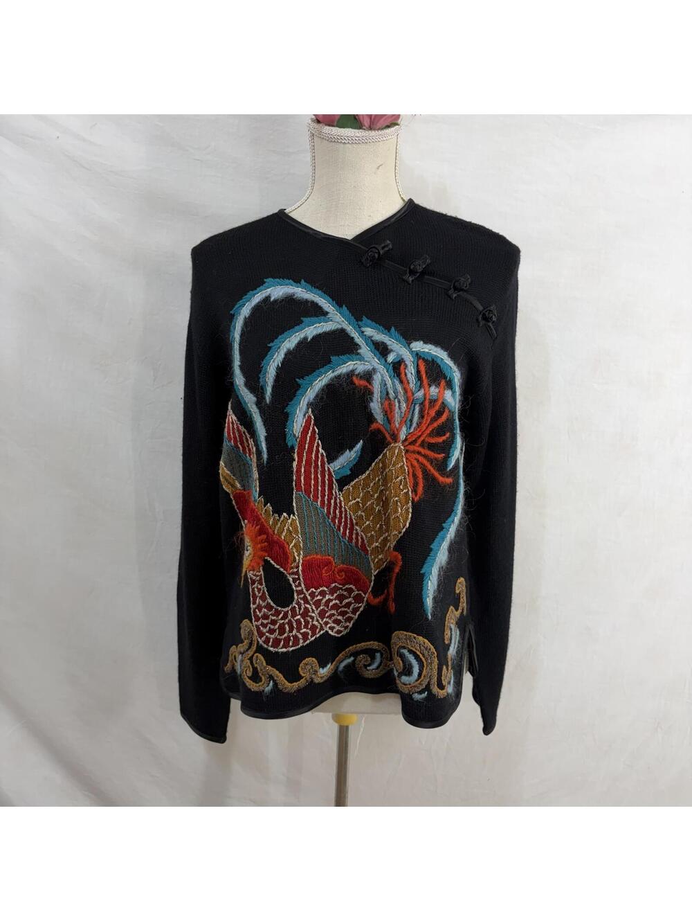 Carole Little oriental embroidered knit sweater size large vintage 90s